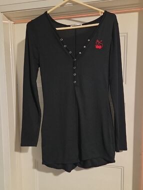 Black Long-Sleeve Women's Romper Pajama with Cherry Accent